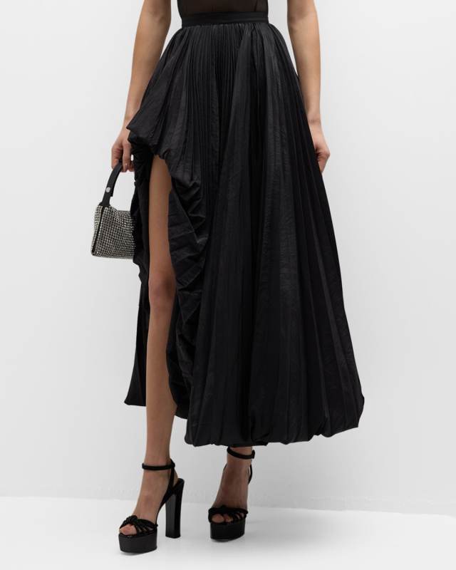 Ellen Pleated High-Low Taffeta Midi Skirt